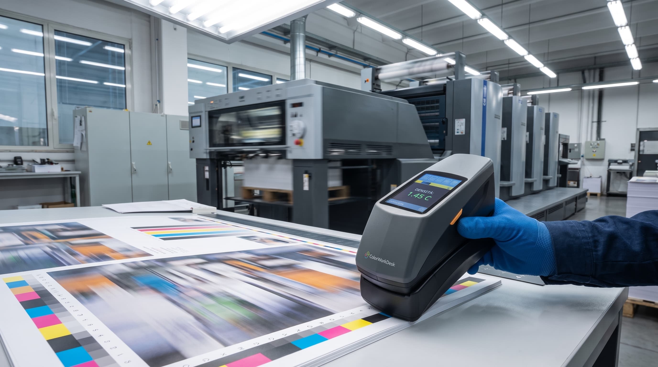 Operario midiendo la densidad de tinta con un densitómetro sobre un pliego con barra de control CMYK junto a una prensa offset industrial